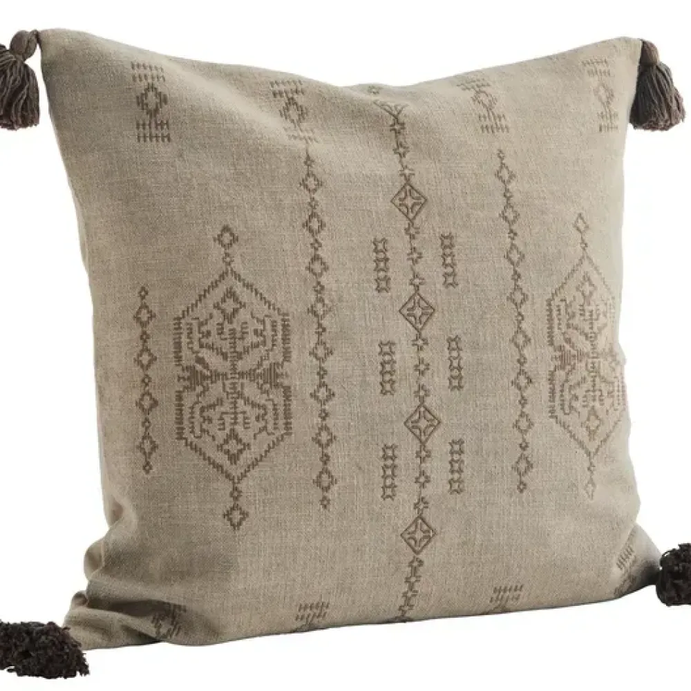 Hot Embroidered cushion cover w/ tassels 50x50 cm / Cotton. linen - Taupe. brown Kussens & Plaids