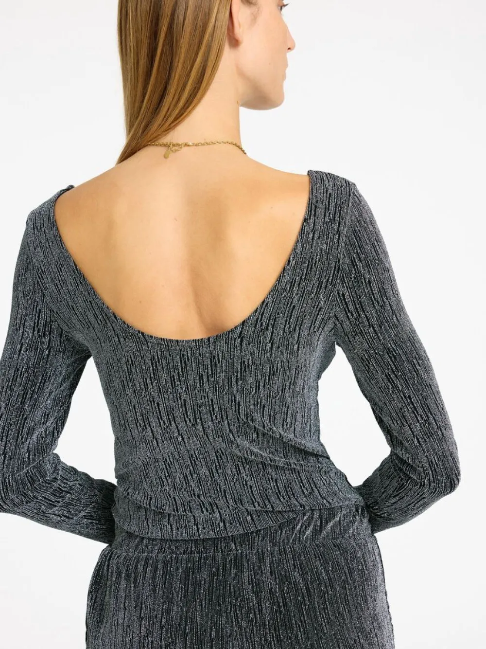 Outlet SLFANITA LS LOW BACK TOPBlack SILVER LUREX Shirts & Tops